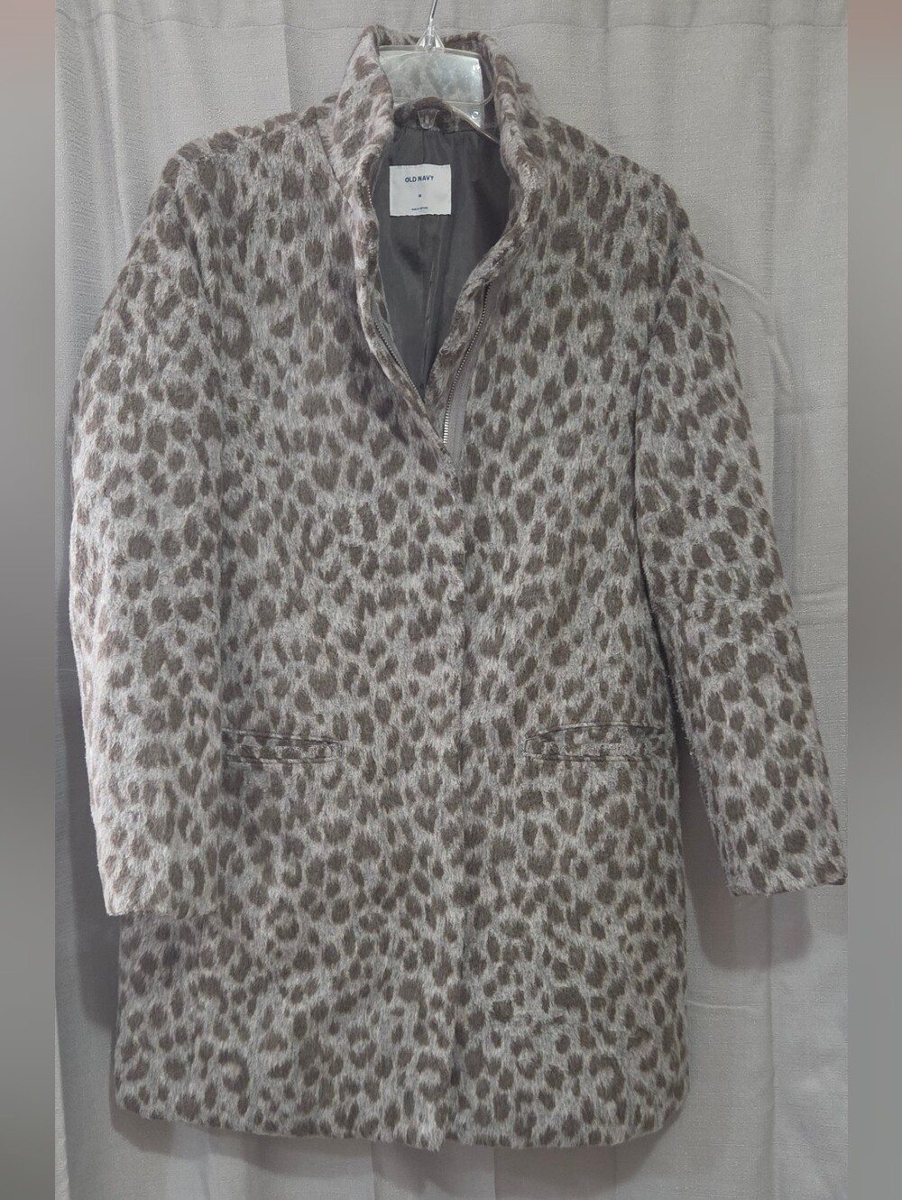 Old Navy Relaxed Soft Brushed Leopard Print Coat Zip Placket Closure GrayTaupe M